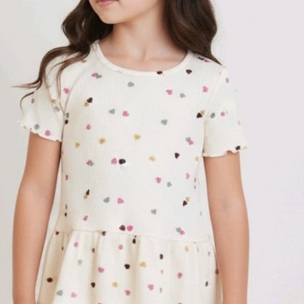 NWT, Cat & Jack Girls 4T Drop-Waist Shirt,  Cream With Mini Colored Hearts